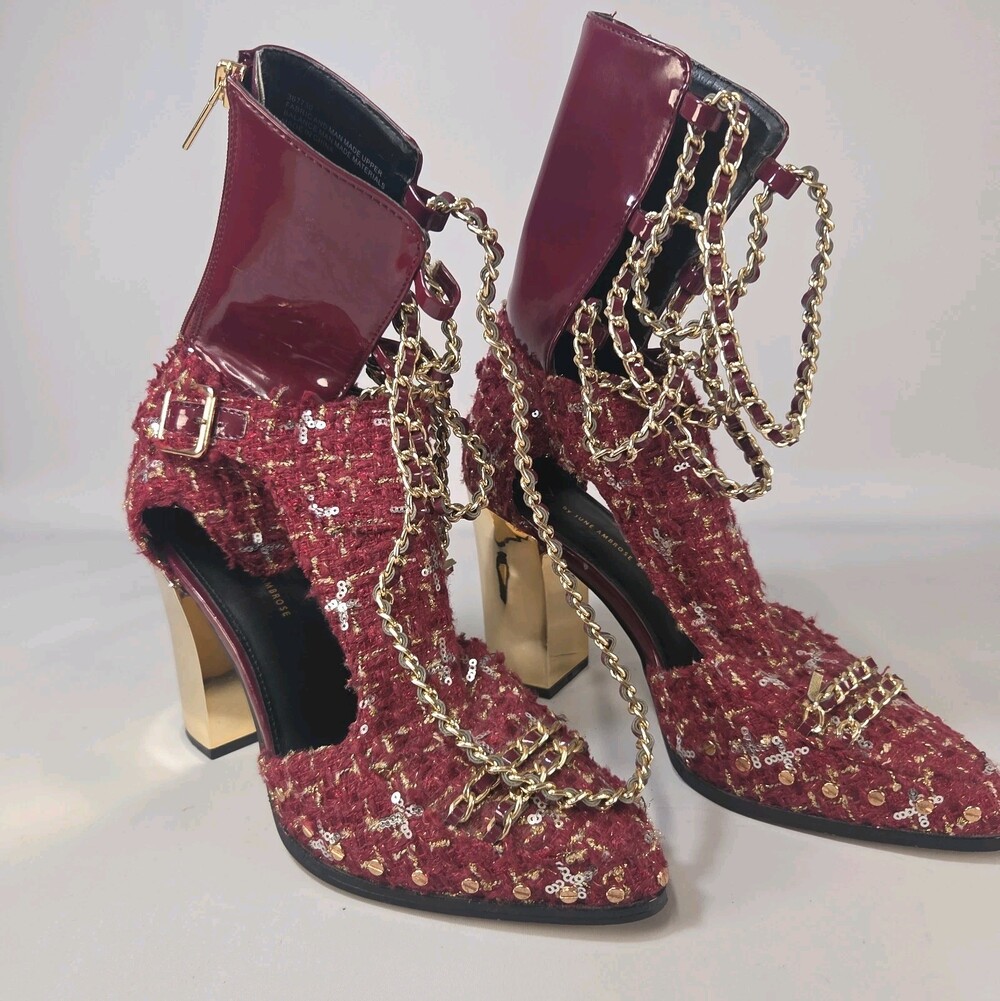 June Ambrose J.Crew Burgundy Boucle Sequin Chain Wrap Gold Block Heel Boots 10M